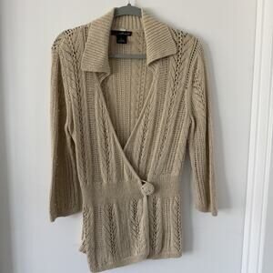 Y2K boho Willi Smith Womens Large Beige Open Knit Wrap Cardigan Sweater crotchet
